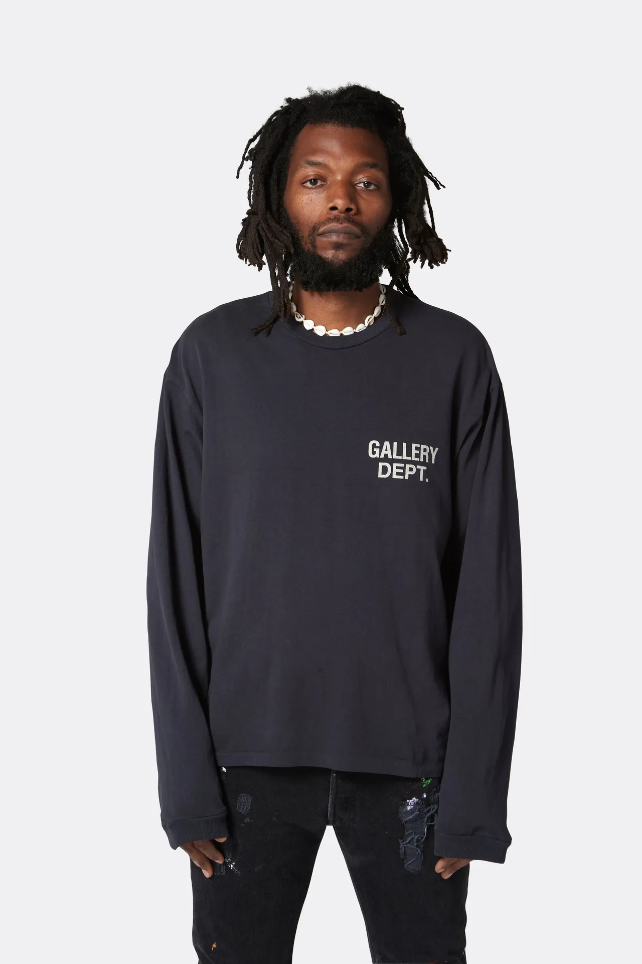 GALLERY DEPT. SOUVENIR L/S TEE Black Basic English Logo Long Sleeves Washed Black S-XL Heavy Washed Vintage Cylindrical Seamless Linen Cotton Fabric